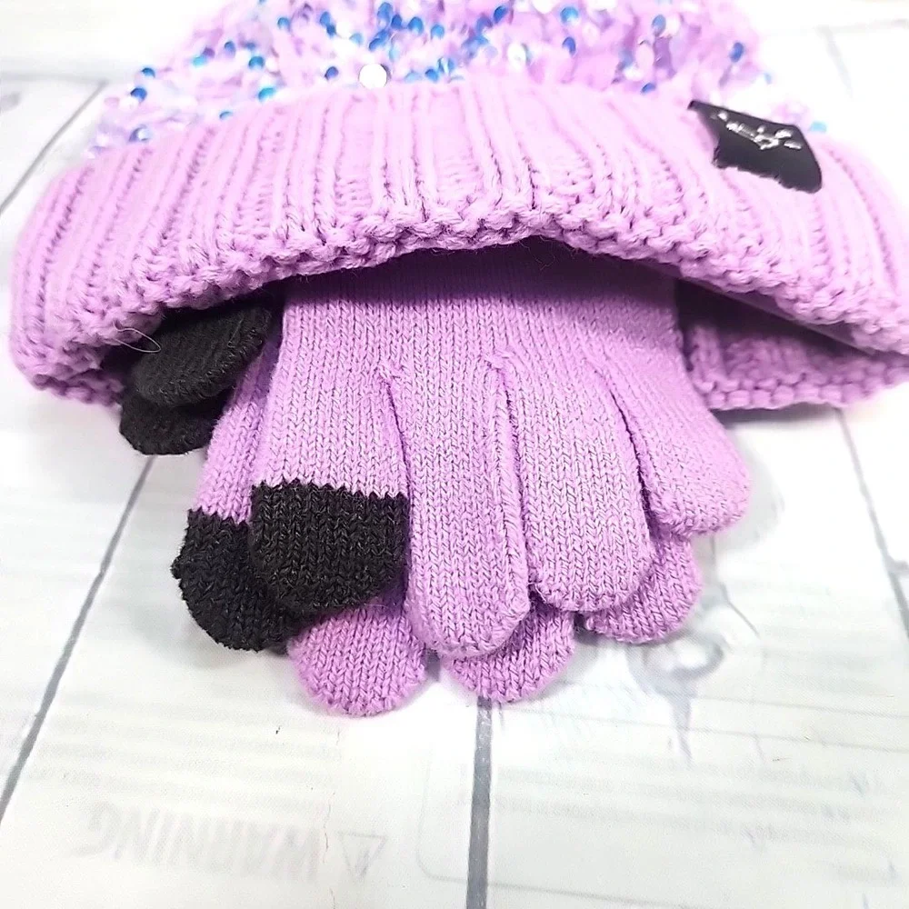 Justice Girls Purple Sequin Ribbed Beanie w/faux fur & Gloves 2-Piece Set NWT